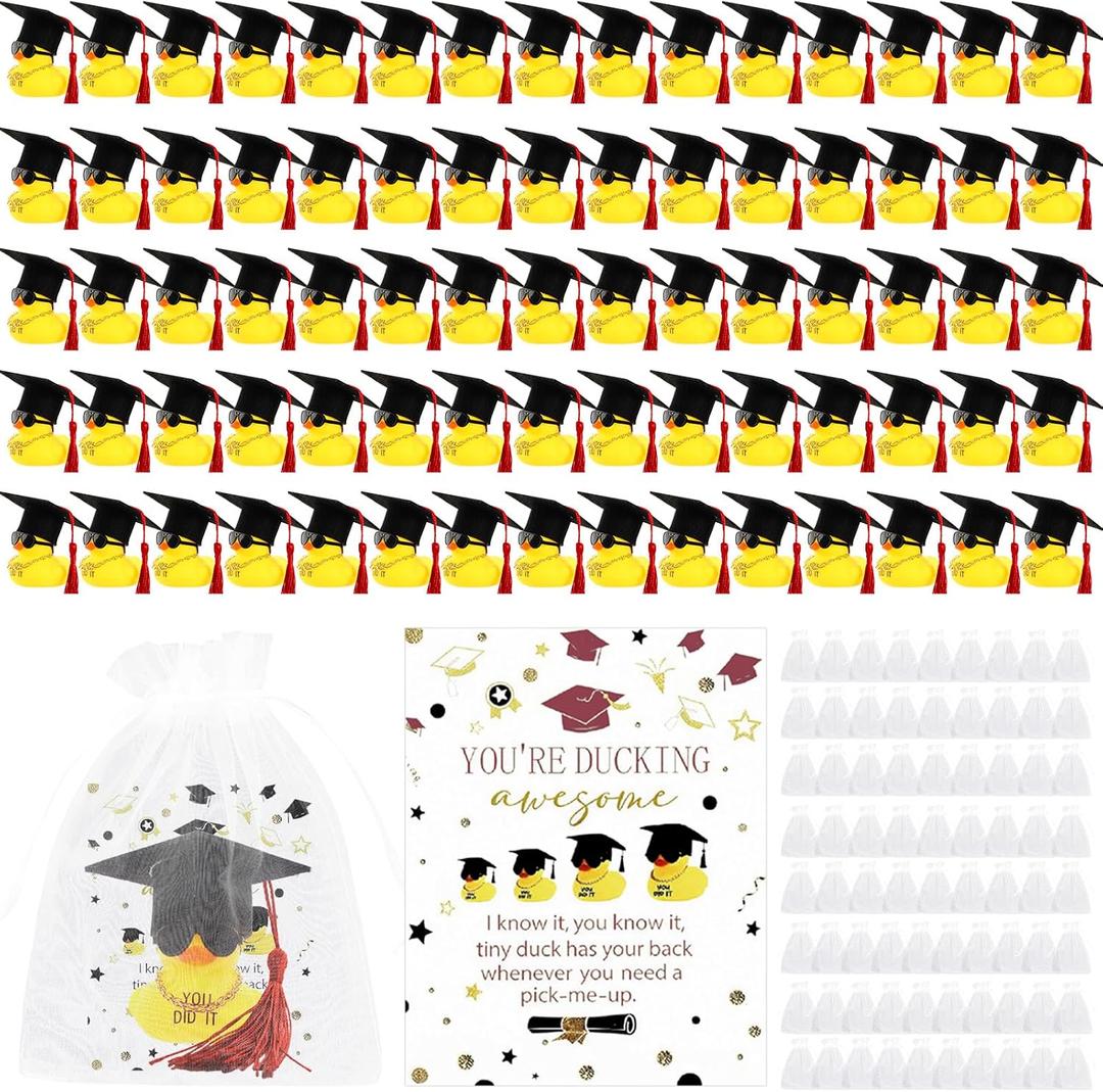 300 Pcs 2026 Graduation Gifts Bulk Graduation Rubber Ducks 2 Inch Mini Ducks with Academic Hats Tassels Sunglasses Chain 75 Inspirational Cards 75 Organza Bags for Class Student Grad Party Favor