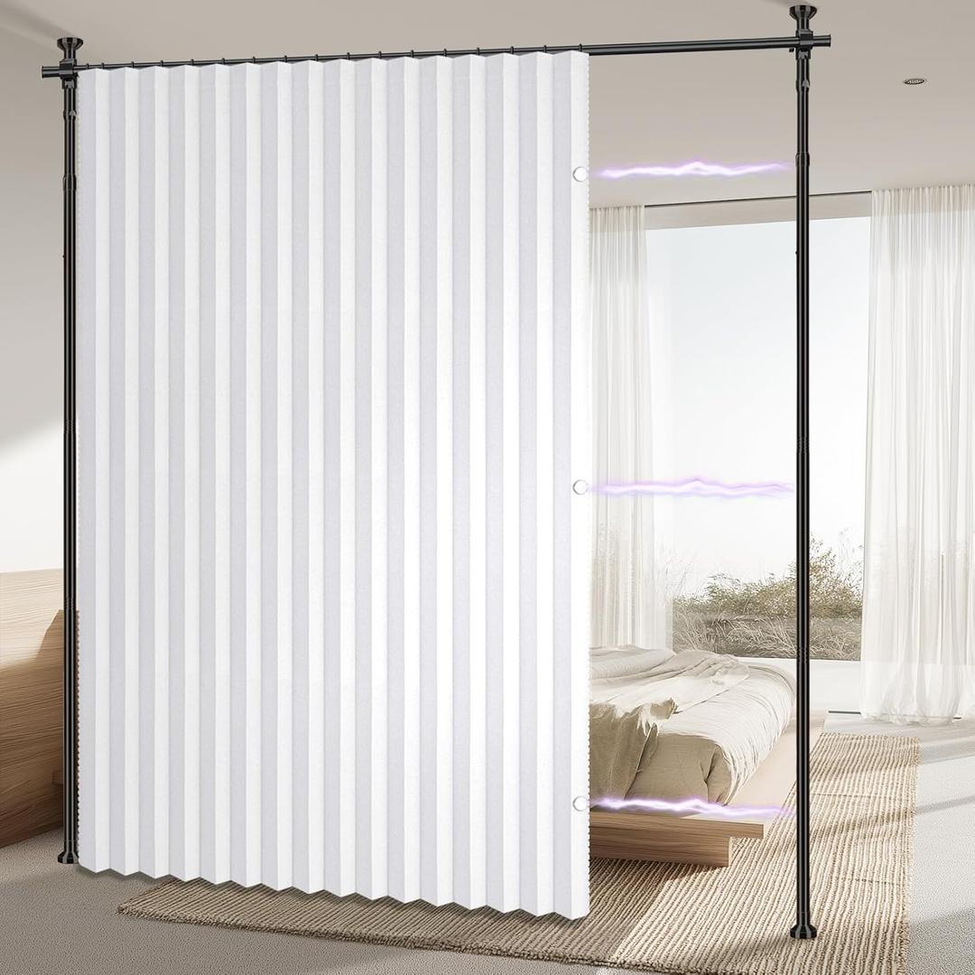 AJAZZ Privacy Curtains for Room Divider with Blackout & Soundproof (White, W100 x L96 in, 1 Panel)+ No Drill Curtain Rod(H) 43-120(W) 35-100 in, Wall Divider for Bedroom/Studio/Office Curtain