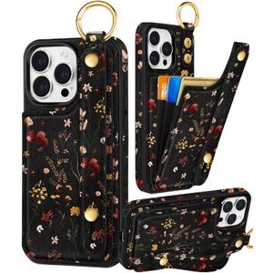 Petitian for iPhone 15 Pro Case with Wallet - Women Girls Cute Girly Aesthetic Unique Design with Leather Credit Card Holder Cardholder Stand Wristband for Apple 15 Pro, Grow Flower