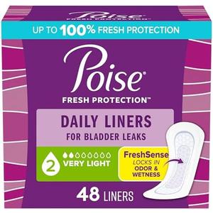 Poise Daily Liners, Incontinence Panty Liners for Bladder Leaks, 2 Drop Very Light Absorbency, Regular Length, 48 Count of Pantiliners, Packs of 4