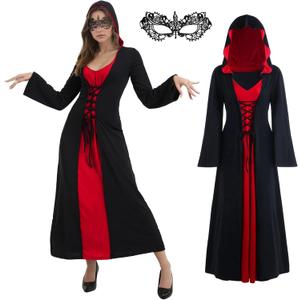 Womens Halloween Costumes for Adults Medieval Hooded Maxi Dress for Women Fashion Hooded Robe Cosplay (Medium, Black and Red)