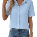Rapbin Womens Short Sleeve Button Down Shirts Casual V Neck Collared Blouses Work Tops, L