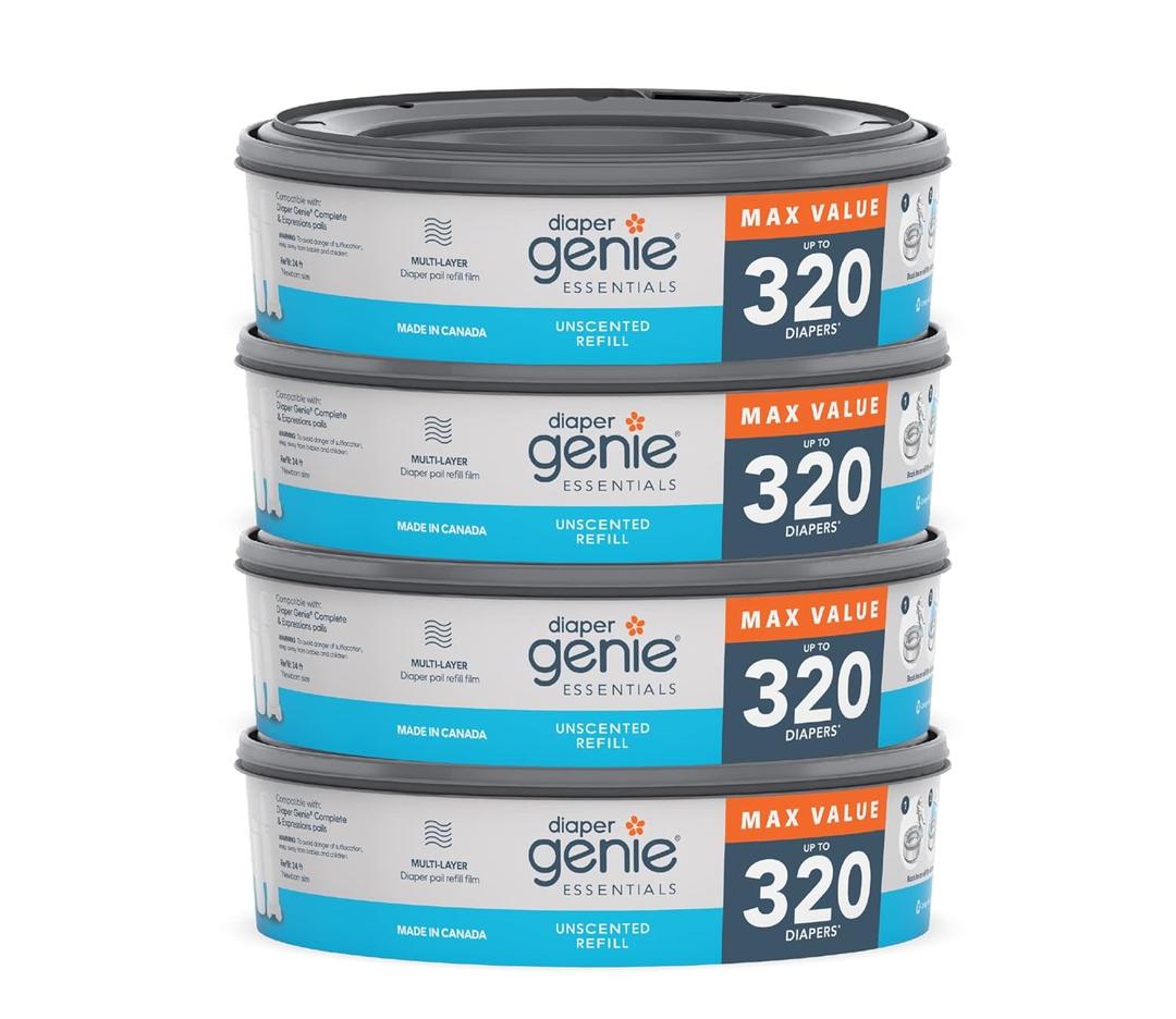 Diaper Genie Essentials Round Refill Pack of 4 | Holds Up to 1280 Newborn Diapers | Features Unscented Continuous Film | Compatible with Diaper Genie Complete and Expressions Pails 320 Count 