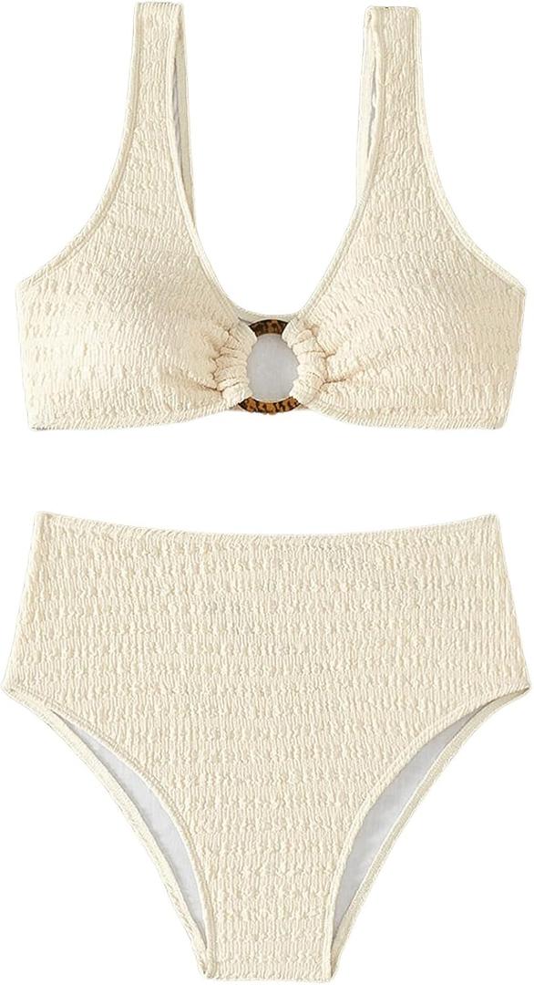 Milumia Women's 2 Piece High Waisted Bikini Sets Ring Linked V Neck Tummy Control Swimsuits (Large, Beige)