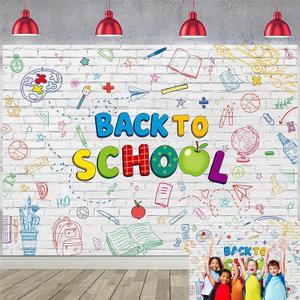Back to School Backdrop Hand Printed Pencils White Brick Wall Photography Background First Day of School Banner for Kids Classroom Decorations Photo Booth Props (8X6FT(94 x 70 inch))