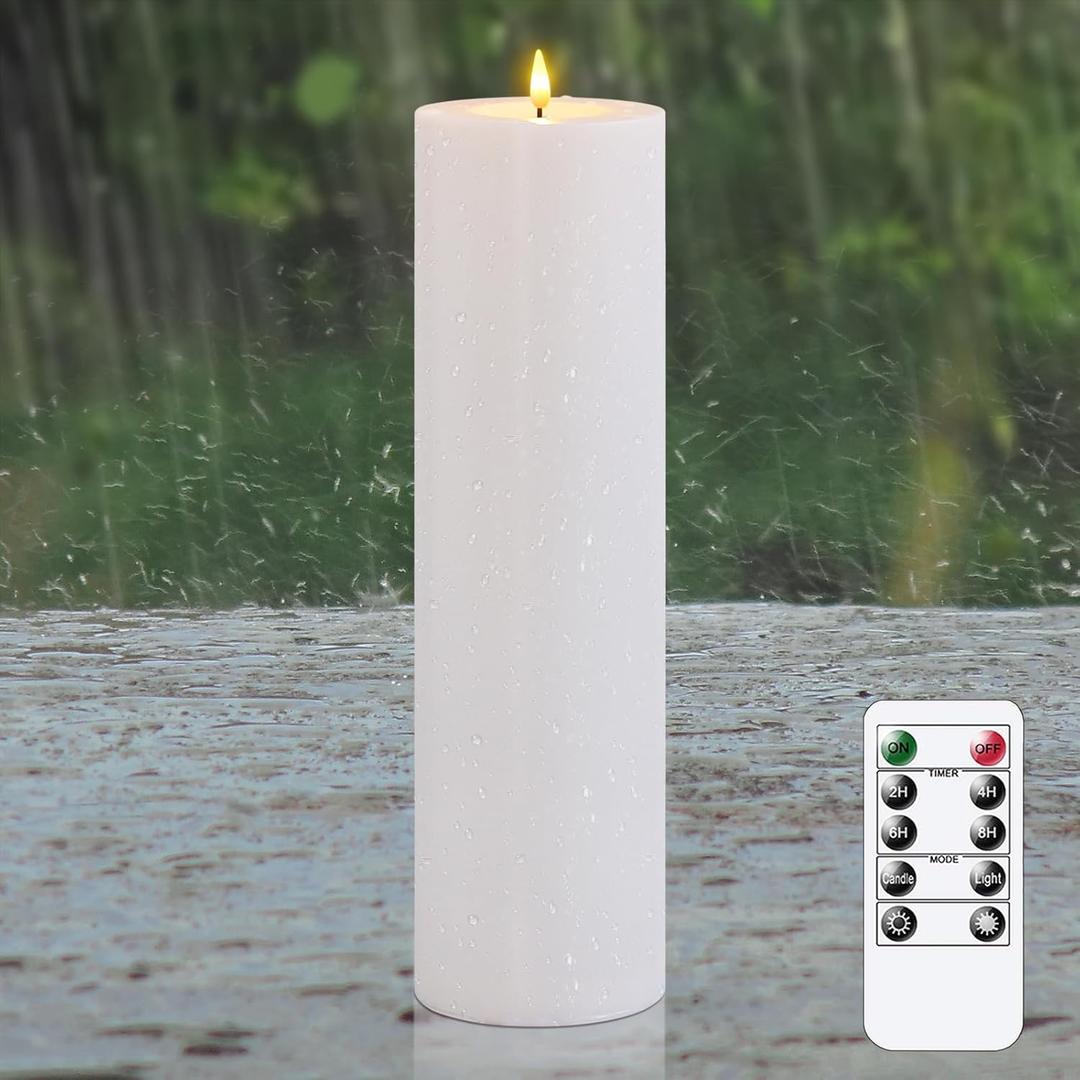 4" x14" Flameless Flickering Waterproof Candles with Remote, LED Battery Operated Timer Plastic White Pack of 1 Pillar Candles for Outdoor Use (Long Lasting 420+ Hrs)