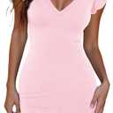 BONITEE Women Sexy Deep V Neck Bodycon Mini Dresses 2026 Summer Ruffle Sleeve Dress Casual Sleeveless Party Short Dresses (Pink, M)