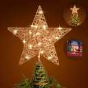 Christmas Star Tree Topper, 10 in Santa Gift Rose Gold Wire Glitter Tree Top for Christmas Tree Decorations, 20 LED Lights Metal Treetop Xmas Decor for Indoor Office New Year Holiday Tree Decoration