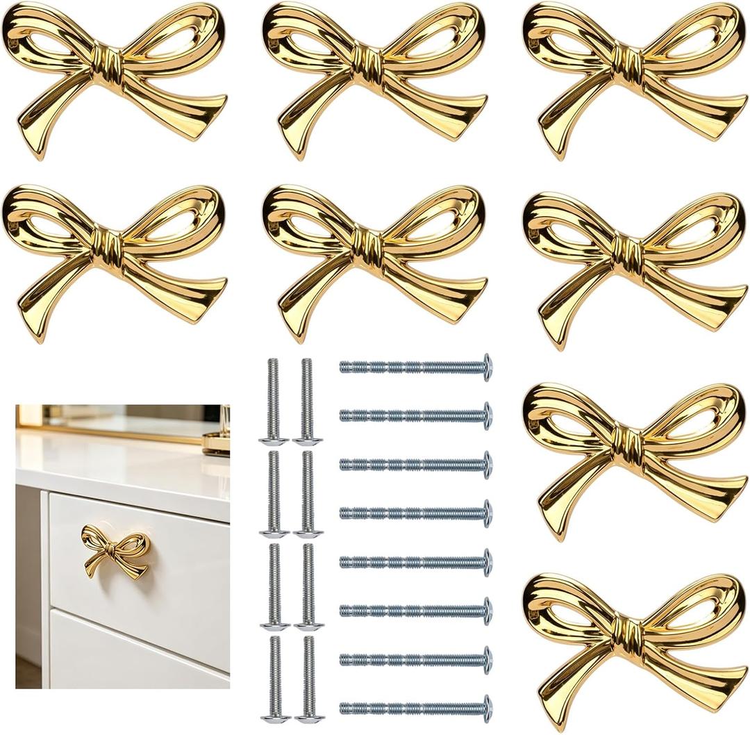 8Pcs Gold Bow Knobs for Dresser, Bow Drawer Knobs, Nice Bow Knobs Drawer Handles, Bow Shape Decorative Hardware for Desk, Wardrobe, TV Cabinet and Bookcase, Adds a Touch to Home Furniture