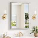 Keonjinn 24 x 32 Inch Brushed Nickel Bathroom Mirror, Beveled Rectangle Framed Mirror for Wall, Farmhouse Bathroom Vanity Mirror for Over Sink, Square Corner, Tempered Glass