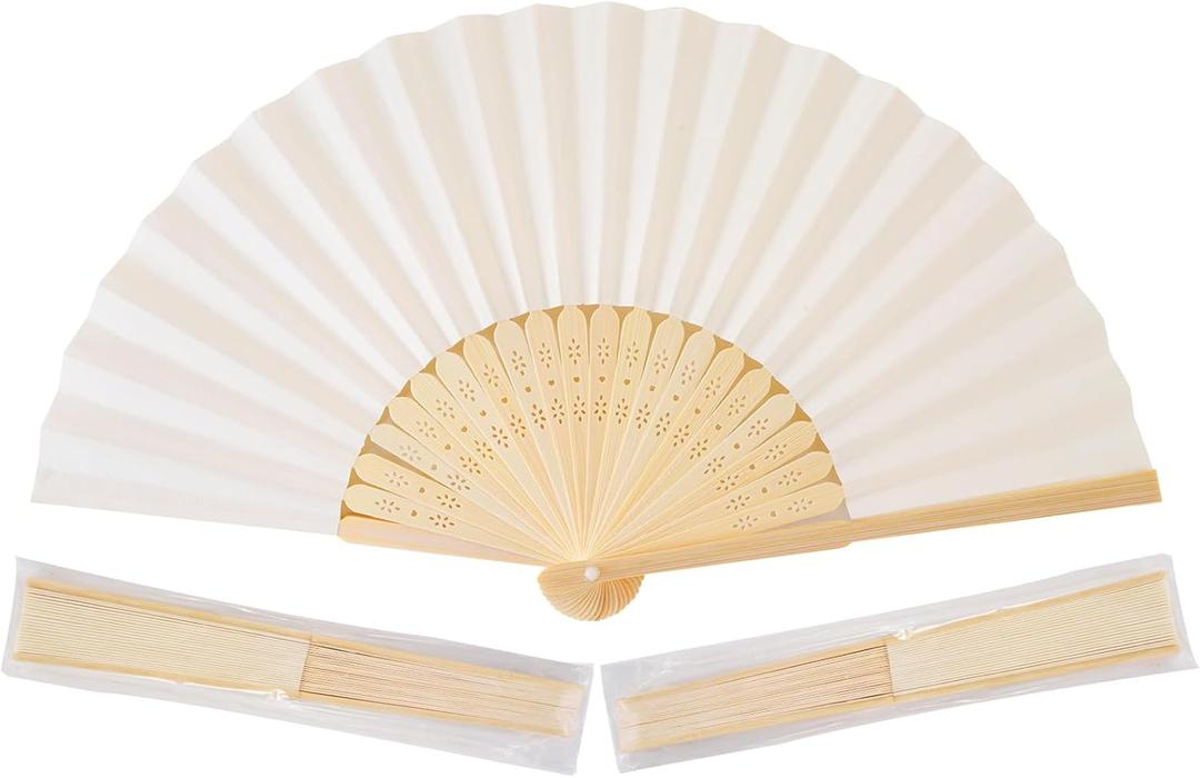 Sepwedd 50pcs Cream-Coloured Paper Hand Fan Bamboo Folding, Handheld Paper Fan for Wedding Party and Home Decoration