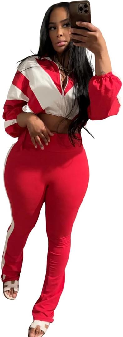 Womens Sweatsuits 2 Piece Set Contrast Color Long Sleeve Zip Up Cropped Jacket Leggings Pants Jogger Track Suits (Medium, Red)