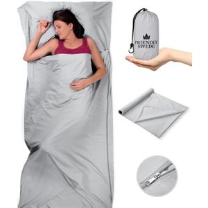 The Friendly Swede Sleeping Bag Liner  Ultralight Polyester or Cold Weather Microfiber Adult Sleep Sack- Camping Sheets - Travel Sleeping Bag with Pocket-Size Stuff Sack (Grey Microfiber - with Zipper - XL)