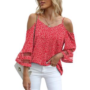 Jouica Womens Summer Cold Shoulder Tops Mesh Panel 3/4 Bell Sleeve Tees Adjustable Spaghetti Strap Loose Fit Shirts (Medium, Bd Red)
