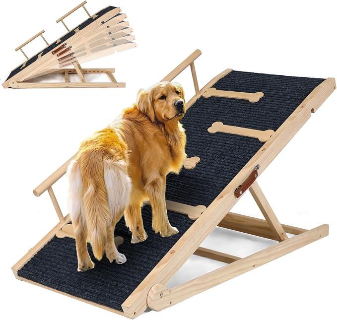 Dog Ramp for Bed, Adjustable Small to Large Dog Ramp for Couch
6 Adjustable Height from 17.1" to 27.8" - Stairs with High Traction Mat, Wooden, Ramp for Dogs to Get on Bed Couch Car