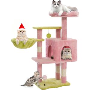 Cat Tree Tower with Metal Frame Hammock, 41'' Cat Trees for Indoor Cats Large Adult, Cat Towers with Scratching Post, Cats Condo furniture with Pink Flower Perch, Cats Climbing Tower for Kittens(Pink)