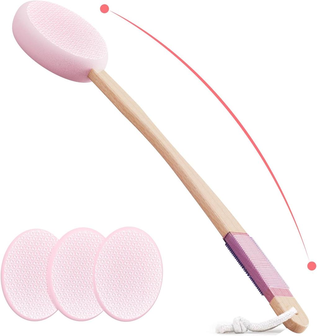 Svarvns Lotion Applicator With 4 Replaceable Pads for Back, Self, Elderly, Women - Cream Medicine Applicator With 17" Curved Handle Easy to Target Back and Feet, Pink