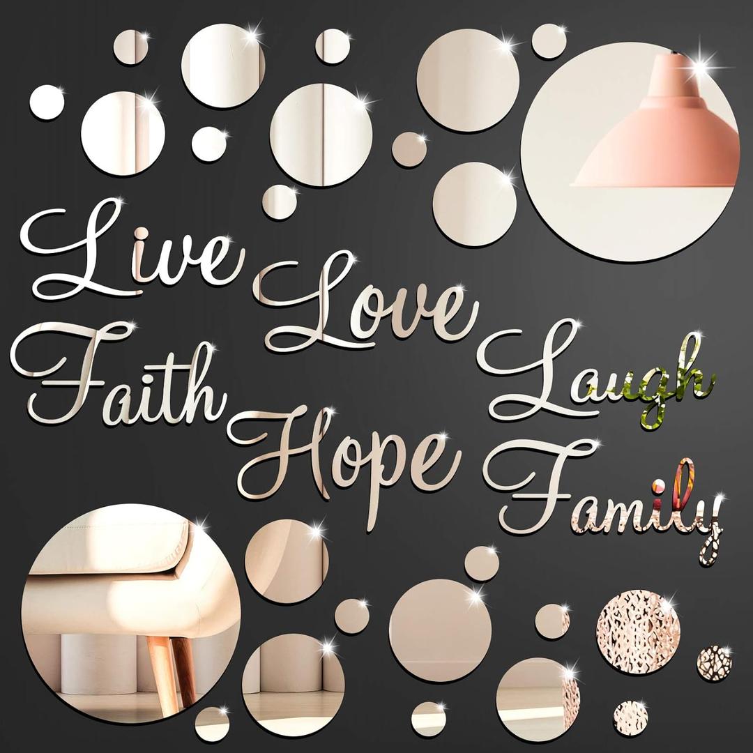 Zonon 3D Acrylic Mirror Wall Decor Stickers 6 Word DIY Faith Live Laugh Hope Love Family Mirror Wall Decor 26 Solid Circle Stickers for Home Bedroom Office(Silver)