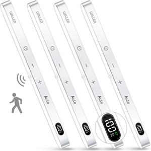 WILLED Motion Sensor Light Indoor, Battery Display, 60 LED Touch Light Bar, Under Cabinet Lights Rechargeable, Battery Operated Closet Light Wireless, Stick on Under Counter Lights for Kitchen(4 Pack) (Cool White 6000K)