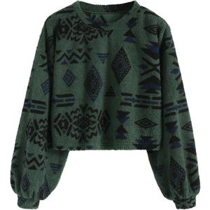 ZAFUL Women's Tribal Ethnic Graphic Cropped Knitwear Bohemian Long Sleeve Pullover Sweater Boho Drop Shoulder Knitted Top (Medium, Green)