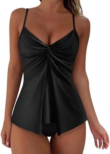 RXRXCOCO Women's Tankini Push Up Tummy Control Swimsuit Knot Front Bathing Suit, Black, L