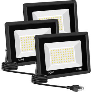 3 Pack 80W LED Warm White Floodlight, 3000K Outside Flood Light with Plug, Ultra Bright 10400LM Outdoor Security Lights, IP66 Waterproof Flood Lights for Yard, Garden, Lawn, Patio
