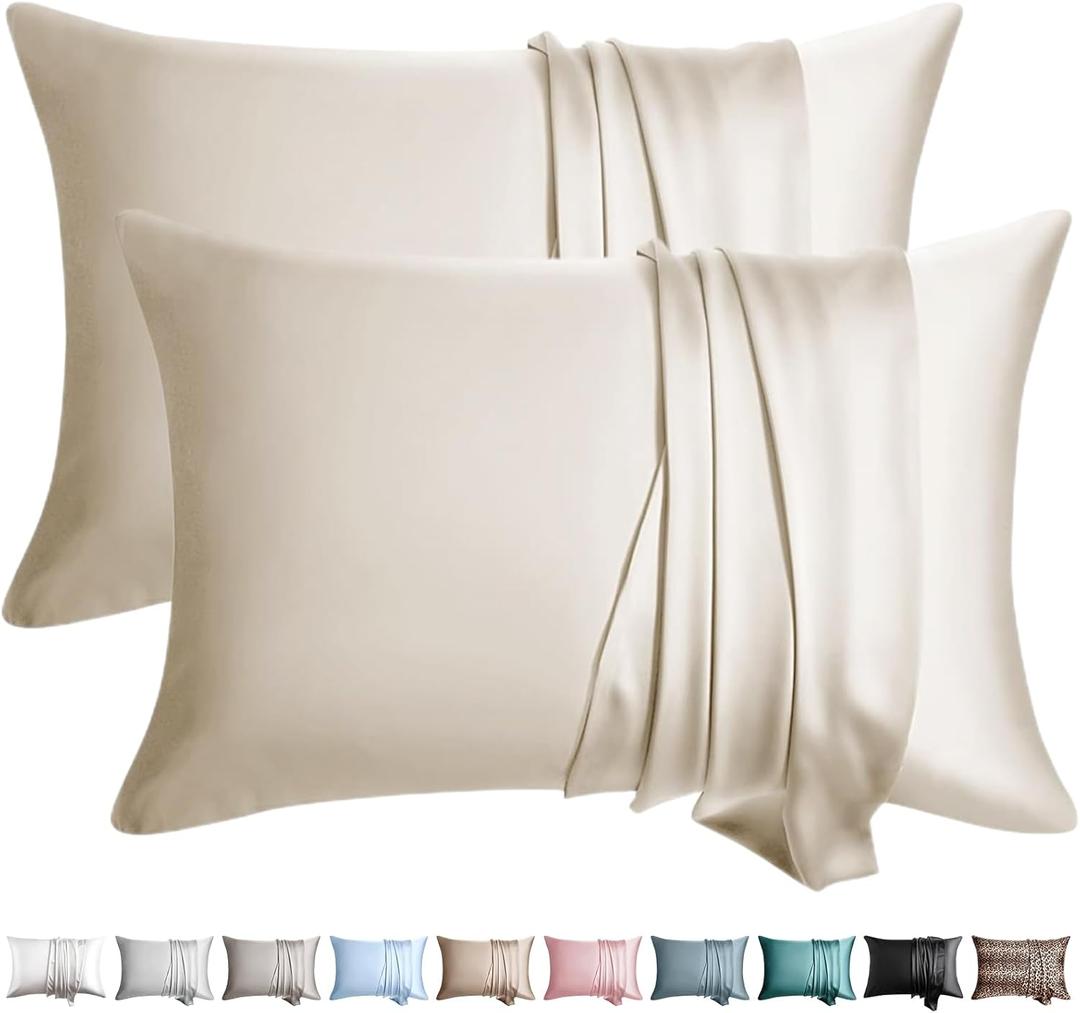 WLOSJ 100% Silk Pillowcase for Hair and Skin Set of 2 Queen Size 19 Momme Mulberry Silk Pillow Case Soft Breathable Cooling with Hidden Zipper Set of 2, Beige