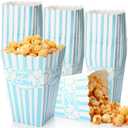 Xinnun 100 Pcs Popcorn Boxes 32oz Classic Stripe Paper Buckets Disposable Oil Proof Popcorn Container Retro Open Top Box for Movie Night Supplies Theaters Carnival Birthday Party(Light Blue and White)