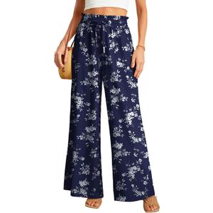 JINKESI Women Wide Leg Pants High Waist Loose Flowy Adjustable Tie Knot Trousers Business Casual Pants with Pockets (Small, 22-blue Small Flower)