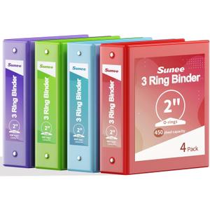 SUNEE Binders 2 Inch 3 Ring 4 Pack, 2" Classic 4-Color Binder Set (8.5x11 Inches) for Office, School or Home Supplies
