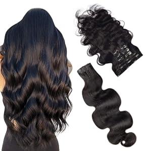 Essent Seamless Body Wave Clip in Hair Extensions Seamless Real Human Hair, 20 Inch 1Pack 130g 7Pcs Human Hair Extensions for Women Natural Black