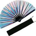 Large Laser Rave Fan Folding Hand Fans for Line Dancing Portable Handheld Clack Fan for Festival EDM Party Music Outfit Accessories (13" Blue 01)