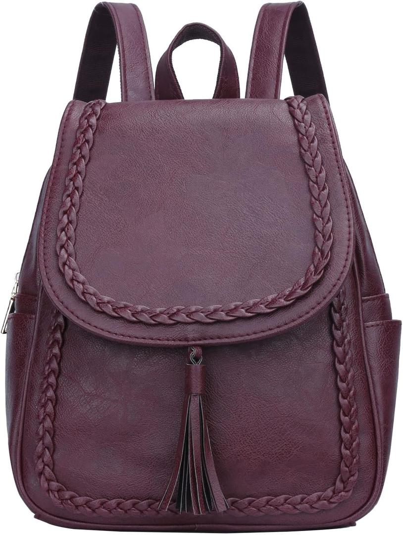 KKXIU Fashion Small Synthetic Leather Backpack Purse For Women and Ladies with Tassel (Wine Red) (Medium)