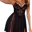 Plus Size Women Sexy Lingerie Set Lace Babydoll Strap Chemise Nightgown Sleepwear Side Slit Nightdress with Panty (Black, L)
