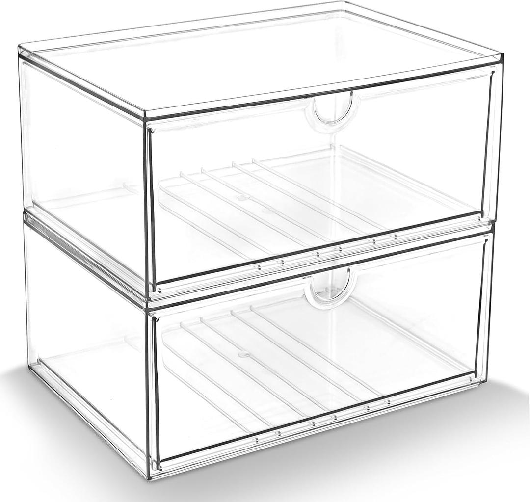 Prsildan Acrylic Makeup Organizer, 2 Pack Stackable Clear Storage Drawers for Baby Bottles Desk Organizers with 2 Drawers for Countertop Vanity Nursery Modular System for Cosmetics Jewelry