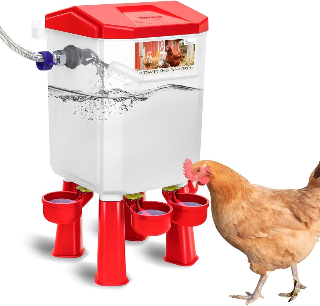 Lilyang Float-Controlled Automatic Chicken Waterer for Continuous Fresh Water, Self Filling Chicken Waterer with 60 Inch Water Hose (One End 3/4''), Suitable for Quail Duck Turkey (Red, 2 Gallons)