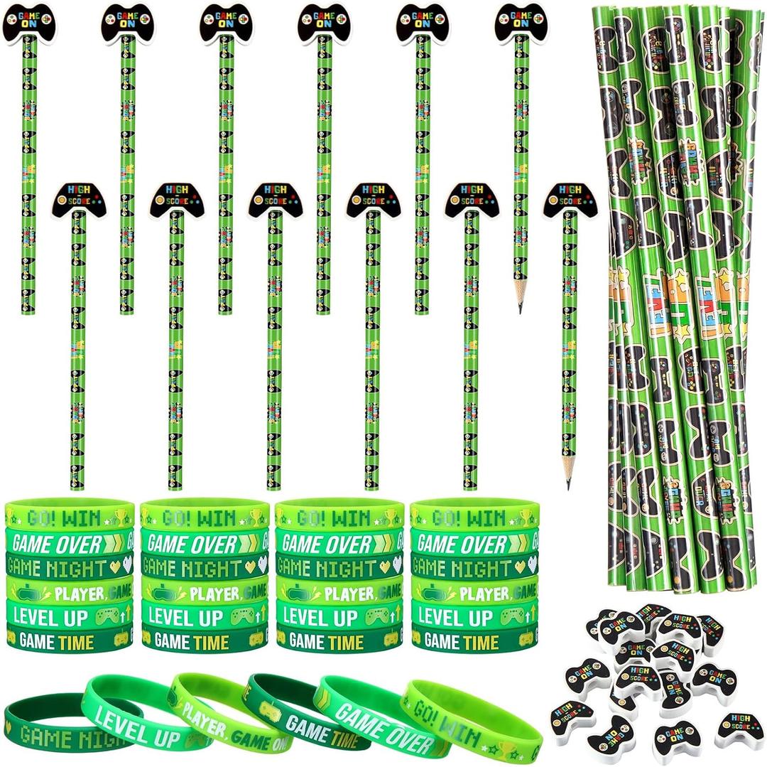 72 Pcs Video Game Pencils with Eraser Silicone Bracelets Set Video Game Party Favors Gift Goodie Bag Fillers Gamer Controllers Theme Stationery Set for School Classrooms Exchange Reward Prizes