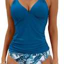 B2prity Halter Tankini Swimsuit for Women Tummy Control Two Piece Bathing Suit V Neck Swimwear with Shorts, Color Peacock Blue, Print-1,  Large