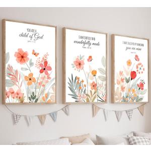 3Pcs Christian Nursery Canvas Wall Art Pictures Bible Verse Floral Posters Prints Boho Wildflower Painting Vintage Flower Scripture Wall Decor for Girls Room Living Room Bedroom 16x24in Unframed (24L" x 16W")