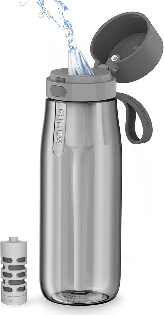 PHILIPS Filtered Water Bottle, BPA-Free Tritan Plastic Water Bottles, Replaces 450 Plastic Water Bottle with Reusable GoZero Everyday Water Filter, Portable Filtering Bottle for Travel, 22 oz, Grey