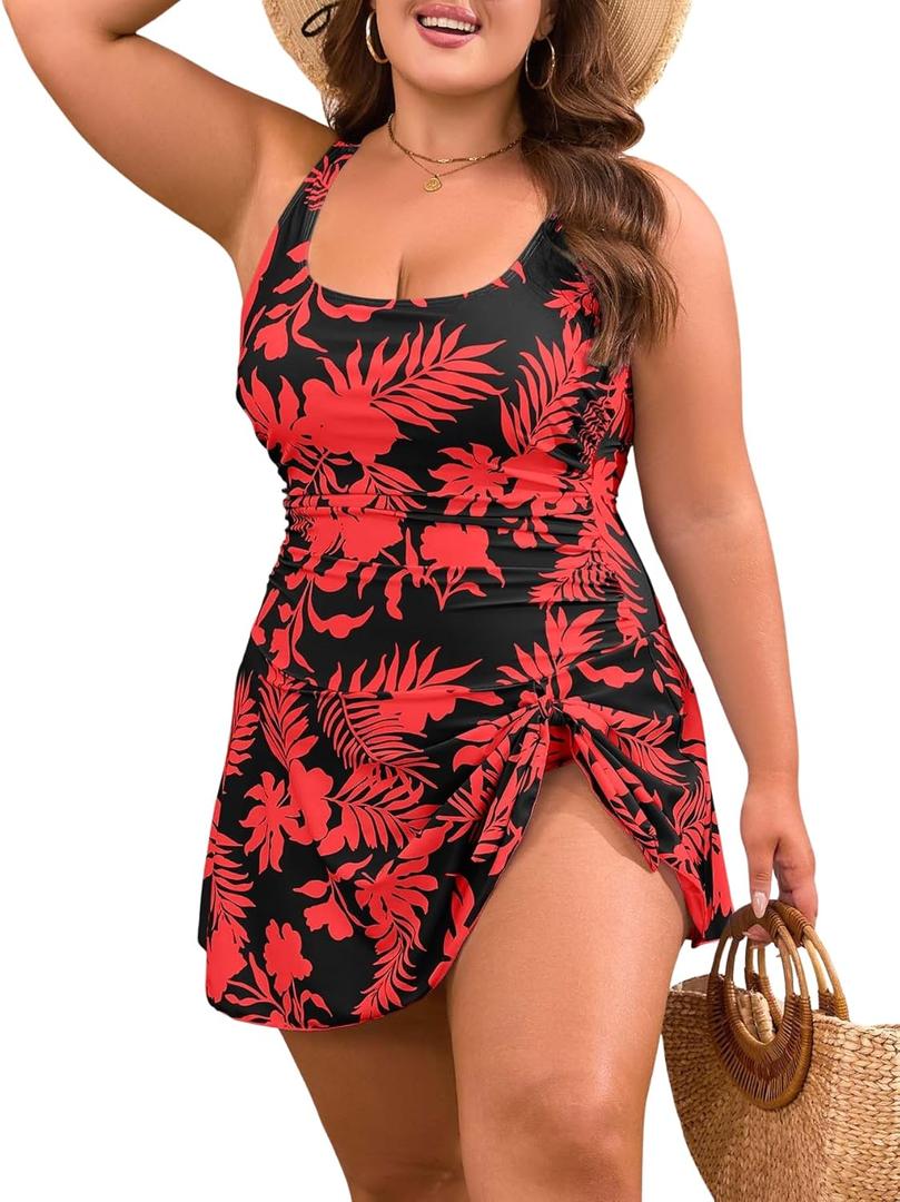 Eomenie Plus Size Swimdress for Women One Piece Swimsuit Tummy Control Swim Dresses Skirt Bathing Suit (Red White Print)