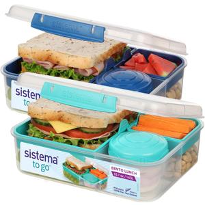 Sistema TO GO Bento Box Cubes | 1.65 L | School Lunch Boxes With Compartments & Snack Pots | BPA-Free | 2 Count | Minty Teal & Ocean Blue