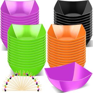 100 Pcs 100 Pcs Christmas Square Plastic Serving Bowl with Food Pick Disposable Snack Salad Buffet Bowl Party Candy Chip Fruit Dishes Bar Containers for Christmas New Year (8 oz,Colorful)