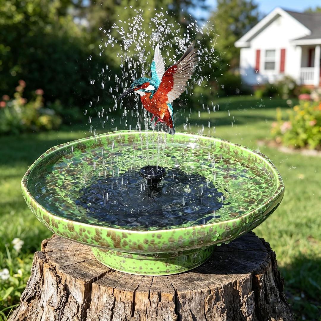 Solar Ceramic Bird Bath Fountain,Birdbaths for Outside | Solar Fountains for Bird Bath,Weather-Resistant Vintage BirdBaths Decorfor Garden Patio Yard Deck Lawn (Green)