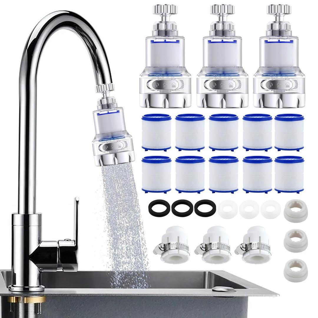 3 Pack Sink Water Filter Faucet, 360 Rotating Faucet Filter for Bathroom & Kitchen Sink, 3 Modes Bathroom Faucet Filter Removes Chlorine Fluoride Heavy Metals Hard Water for Home Kitchen & Bathroom