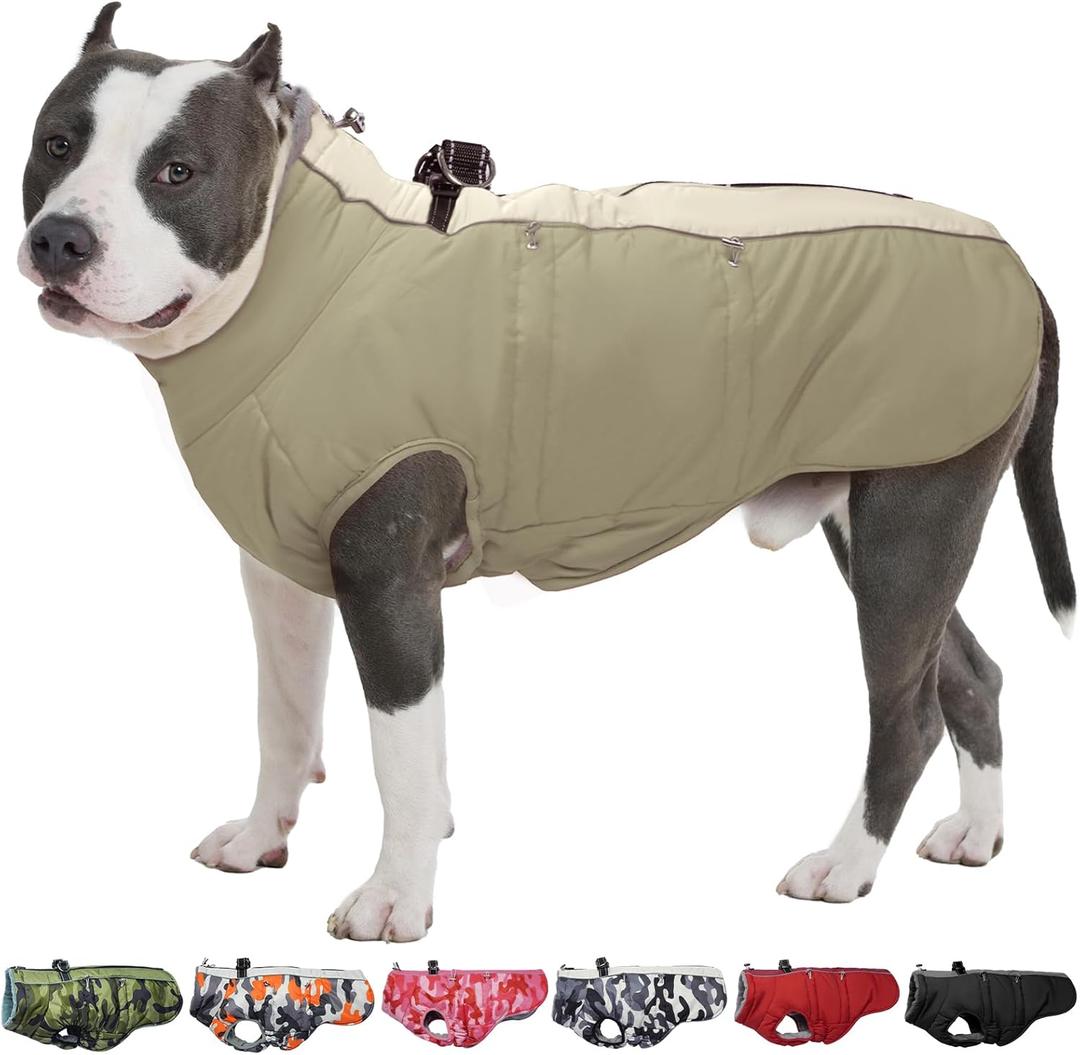 Dog Winter Jacket - Large, Warm Zip Up Snowsuit Dog Harness Vest, Reflective, Water-Resistant, Apricot, Size: Large