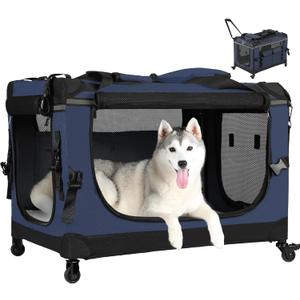 30IN Soft Collapsible Dog Crate w Detachable Wheels, Rolling Travel Dog Crate for Medium Breed Dogs, Portable Dog Kennel with Mesh Windows, Indoor & Outdoor Uses