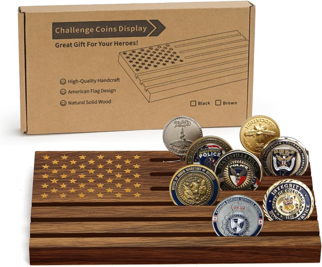 Samplife Challenge Coin Display Walnut , Solid Wood Military Coin Holder Rack for Collectors American Flag Style, Desk or Shelf Display (Natural Walnut, Medium)