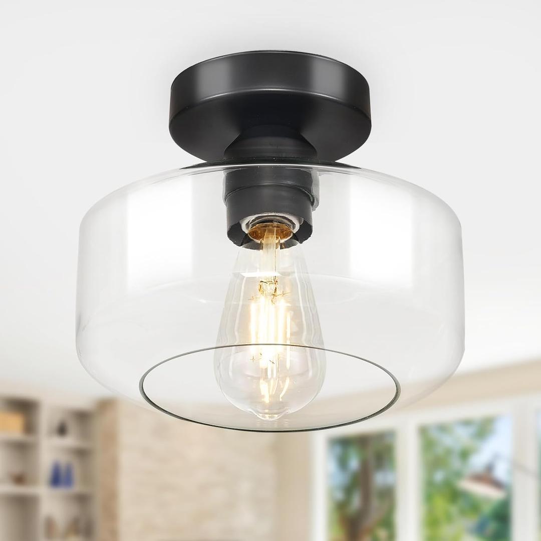 Industrial Semi Flush Mount Ceiling Light: Black Kitchen Lighting Fixtures Ceiling with Clear Glass - Vintage Hallway Light Fixtures E26 Bulb Included - 8.46 Light Fixtures Ceiling Mount for Foyer