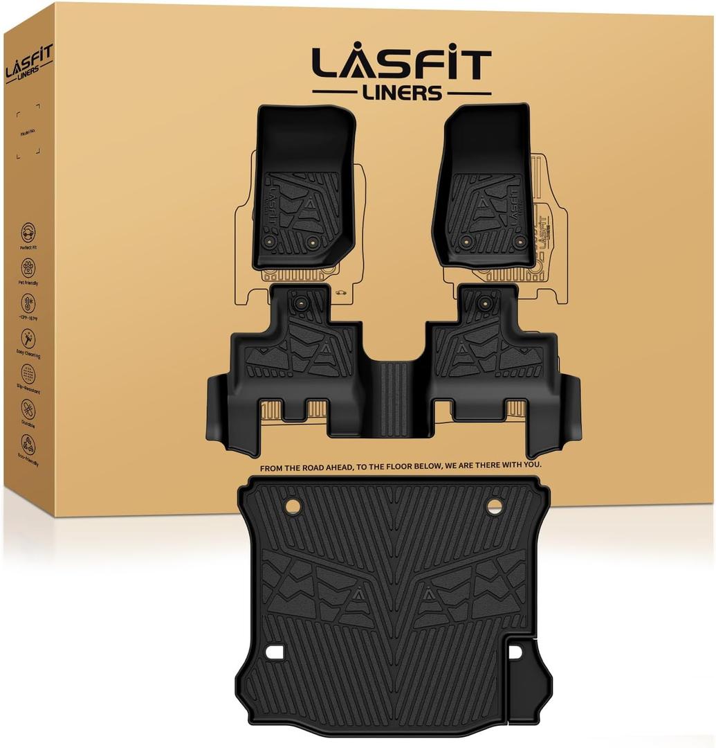 LASFIT Floor Mats & Cargo Mat for Jeep Wrangler JK 2014-2018 Unlimited 4-Door (NOT for JL or 2-Door) All Weather TPE Custom Fit Car Mats Floor Liners Cargo Liner Cargo Mat Black